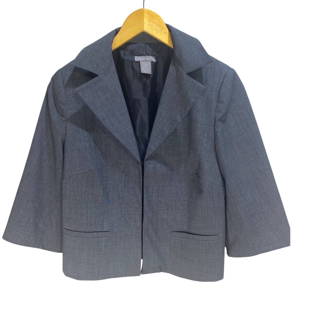Investments Womens Grey Open Front 3/4 Sleeve Blazer Jacket Size 6 Hook Eye